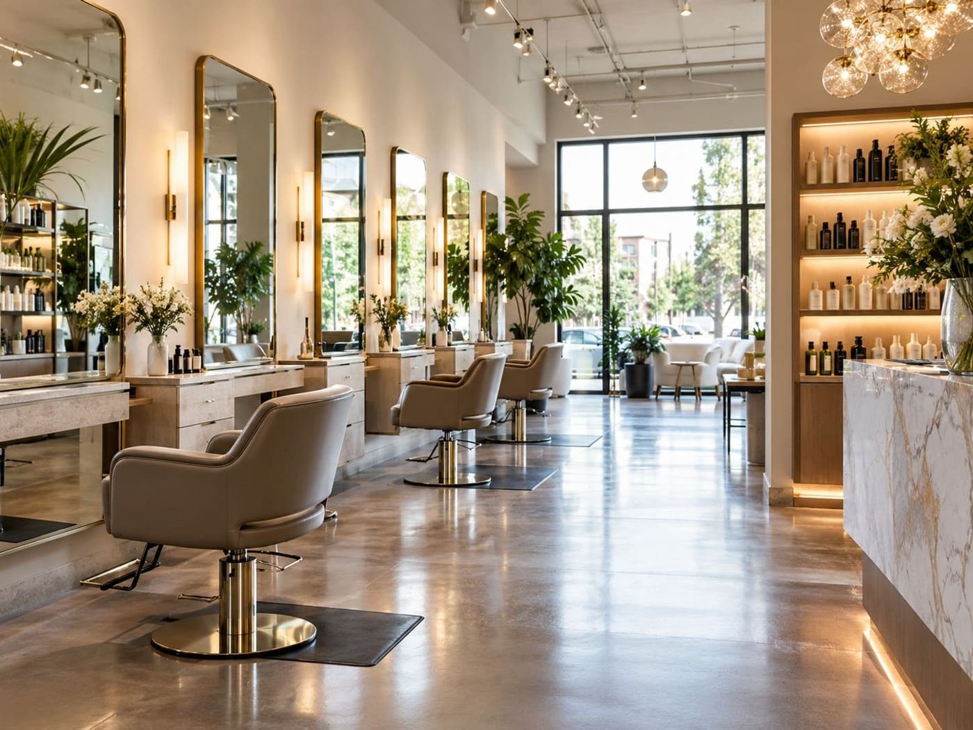 Rangée de postes de coiffage avec miroirs cerclés de laiton et fauteuils taupe